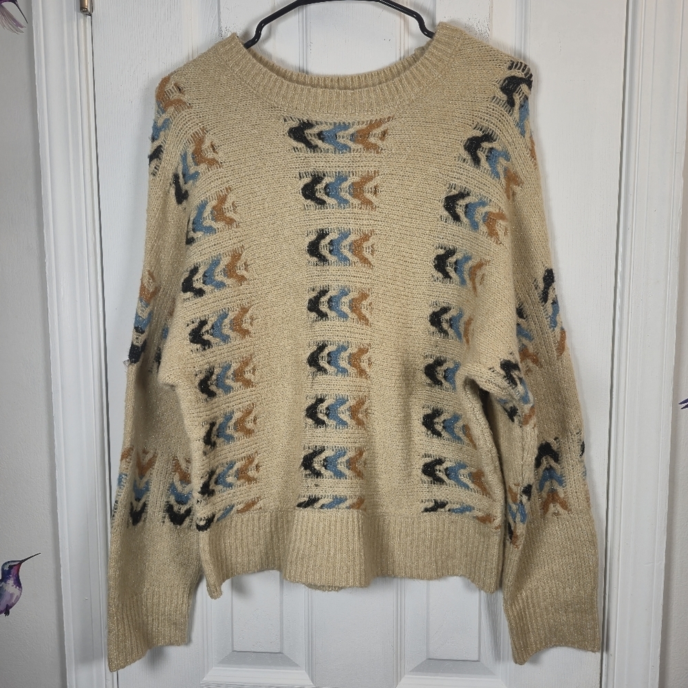 Grey Collective Southwestern Aztec Chevron Knit Oversized Sweater Beige S